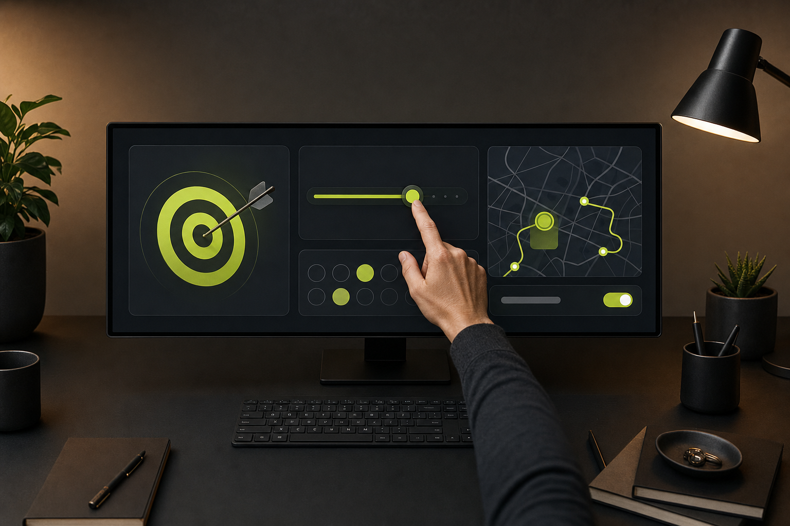 Campaign workspace with goal targeting, budget controls, audience segments, and a route placement map