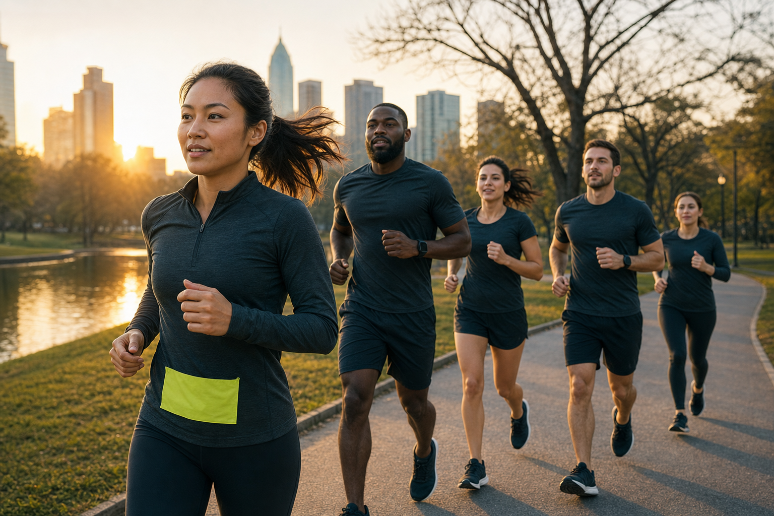 Colleagues running together in a corporate wellness challenge